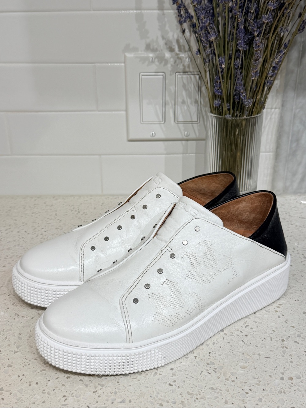 MJUS White Slip-On Real Leather Sneakers with Black Collar